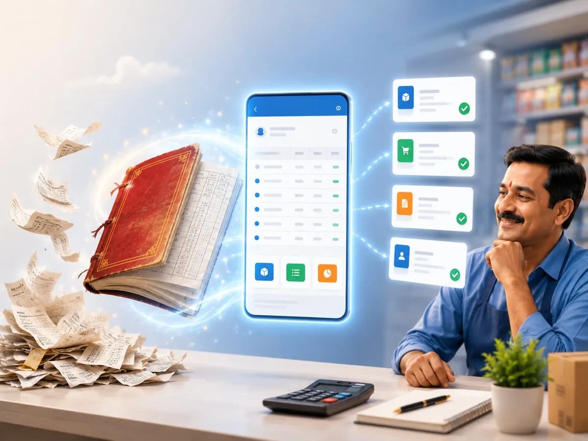 Indian shop owner doing bookkeeping with Accountune software