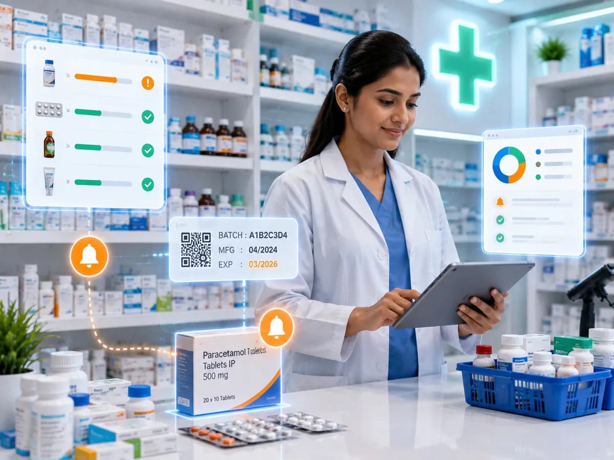 Pharmacist using Accountune billing software on a tablet in a medical store