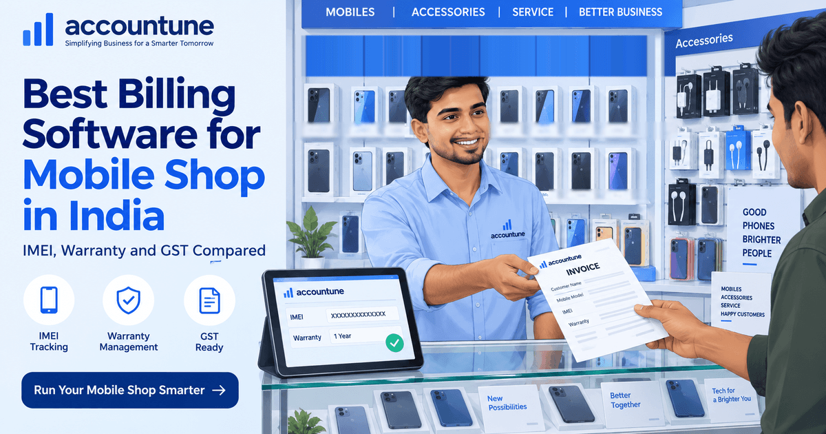 Mobile shop owner handing a GST invoice with IMEI and warranty details to a customer, with Accountune billing software open on a counter tablet