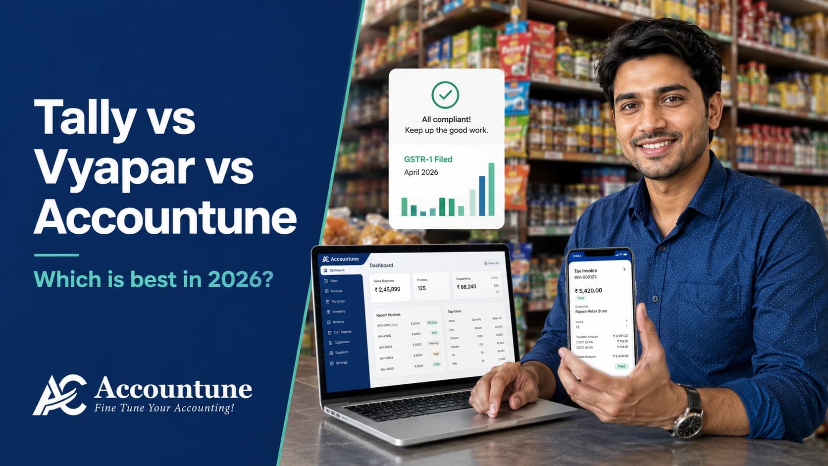 Tally vs Vyapar vs Accountune (2026): Which GST Billing Software Is Right for Your Shop?