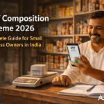 Indian kirana store owner checking GST composition scheme details on smartphone — GST billing software India