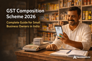 Indian kirana store owner checking GST composition scheme details on smartphone — GST billing software India