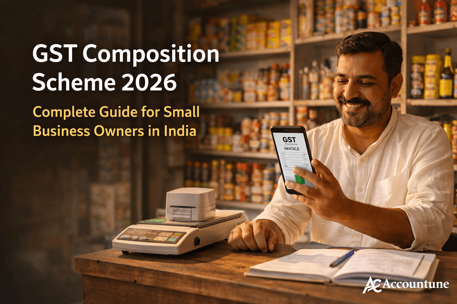 Indian kirana store owner checking GST composition scheme details on smartphone — GST billing software India
