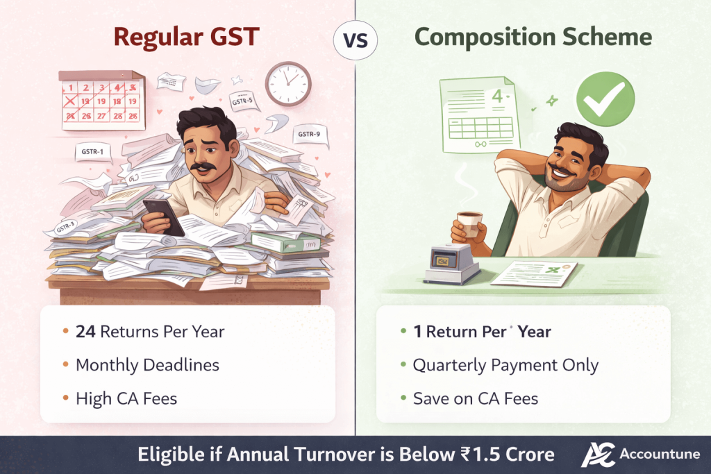 Regular GST vs composition scheme comparison — 24 returns vs 1 return per year for small businesses India