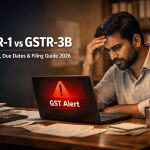 Stressed Indian small business owner checking GST alert on laptop screen related to GSTR-1 vs GSTR-3B filing difference