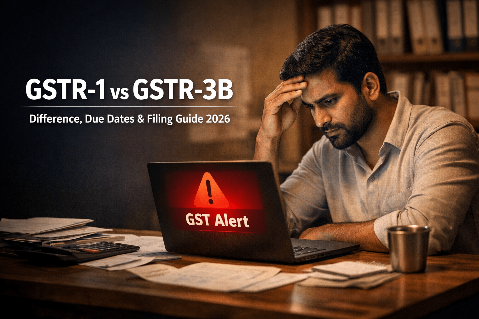 Stressed Indian small business owner checking GST alert on laptop screen related to GSTR-1 vs GSTR-3B filing difference