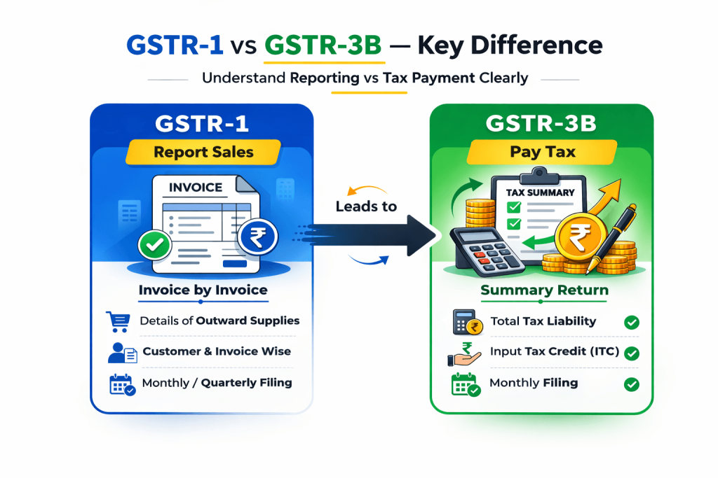 Infographic explaining difference between GSTR-1 and GSTR-3B showing sales reporting vs GST tax payment