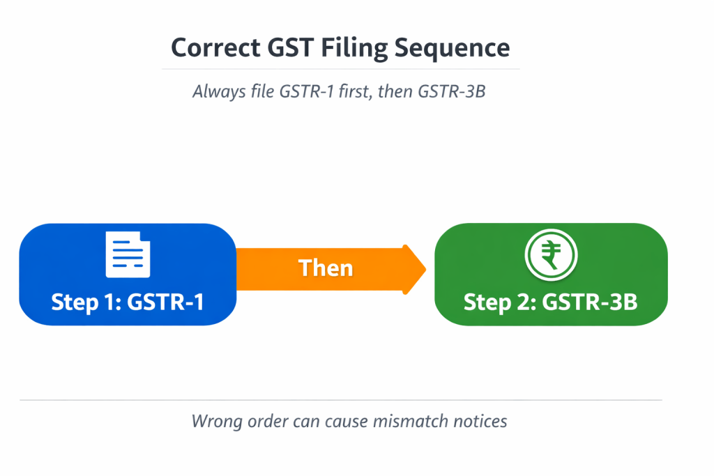 GST filing sequence diagram showing GSTR-1 filed first followed by GSTR-3B return process