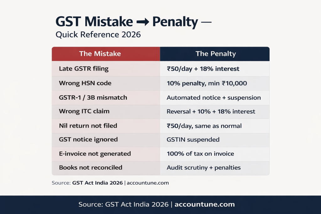 Penalty table screenshot: 'GST penalty chart for small businesses India 2026'