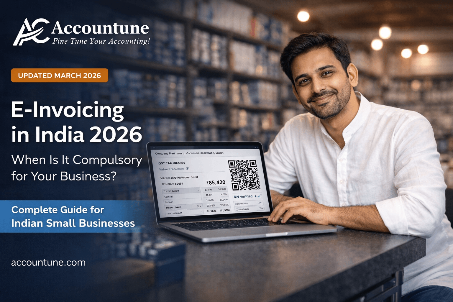 'E-invoicing mandatory limit India 2026 — Indian small business owner generating GST invoice