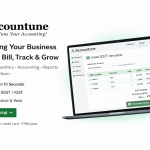 Accountune GST billing software dashboard on laptop and mobile showing GST invoice creation with auto CGST SGST calculation for Indian small businesses