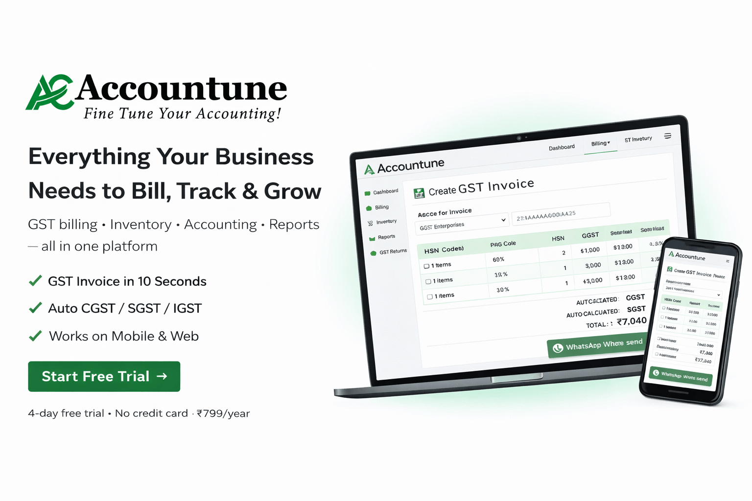 Accountune GST billing software dashboard on laptop and mobile showing GST invoice creation with auto CGST SGST calculation for Indian small businesses
