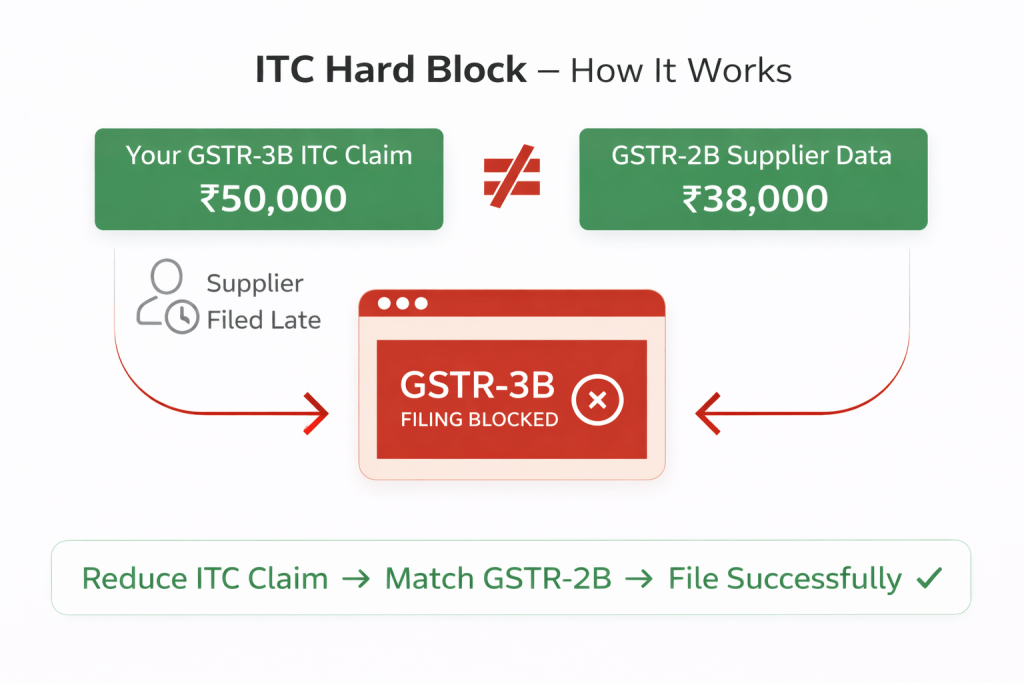 ITC hard block GST 2026 diagram showing GSTR-3B filing blocked when GSTR-2B and ITC claim do not match and GST New Rules April 2026